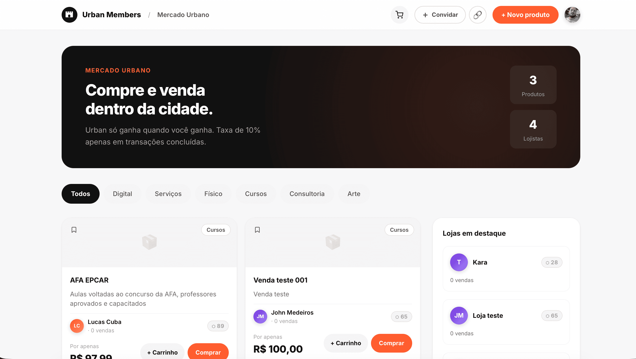 Marketplace Urban Members — grid de produtos à venda